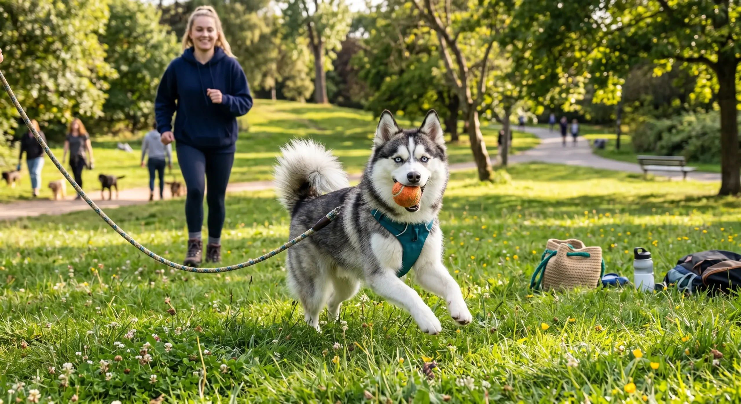 Active and happy Pomsky dog enjoying an outdoor lifestyle adventure